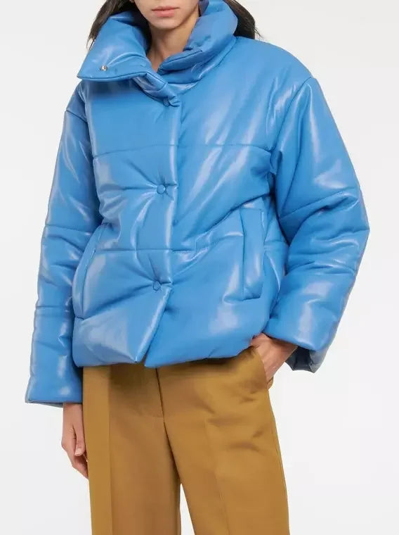 High-Collar Vegan Leather Padded Jacket in Blue - Jackets