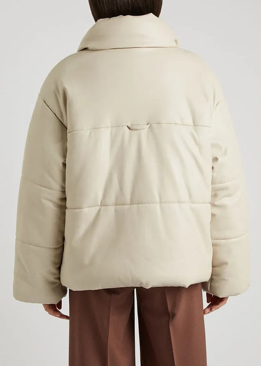High-Collar Vegan Leather Padded Jacket in Cream - Jackets