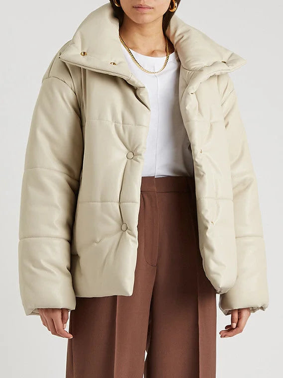 High-Collar Vegan Leather Padded Jacket in Cream - Jackets