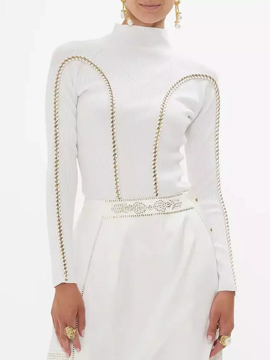 High-Neck Knit Top with Decorative Chain - Tops