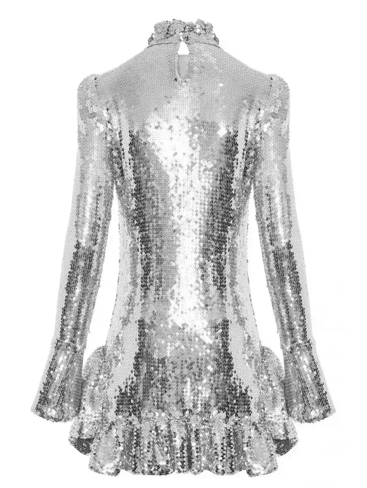 High-Neck Sequin-Embellished Ruffle-Trim Mini Dress - Dresses