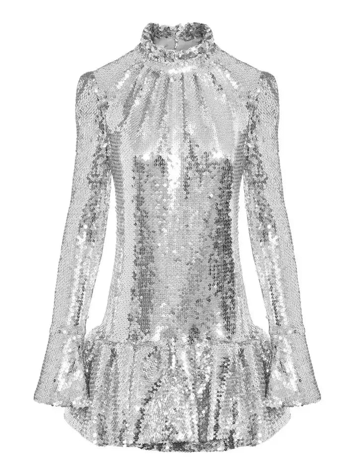 High-Neck Sequin-Embellished Ruffle-Trim Mini Dress - Dresses