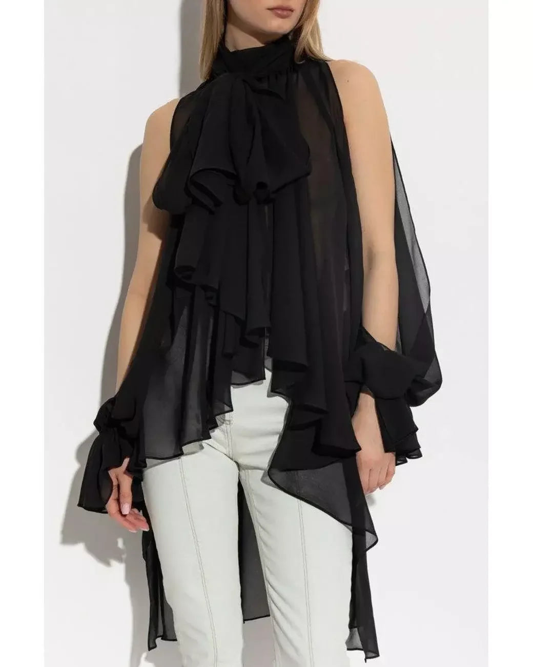 High-Neck Slit-Sleeve Blouse in Black - Tops