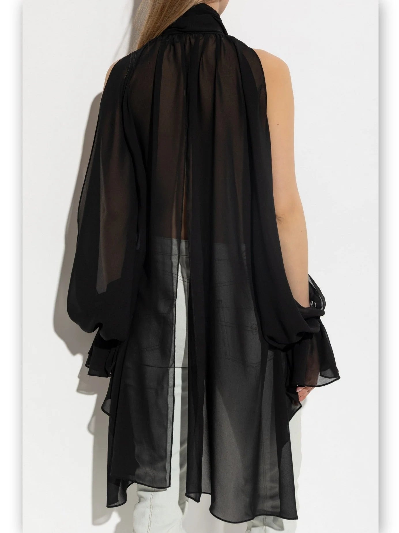 High-Neck Slit-Sleeve Blouse in Black - Tops
