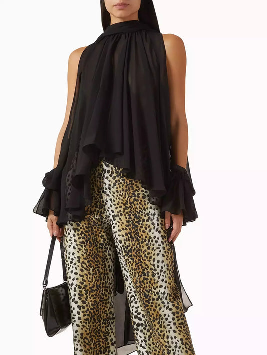 High-Neck Slit-Sleeve Blouse in Black - Tops