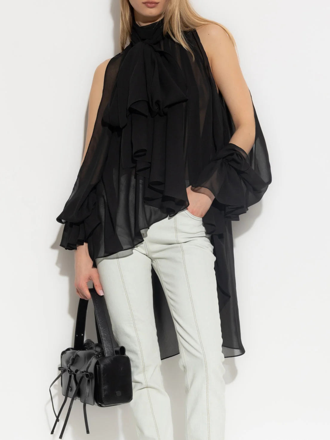 High-Neck Slit-Sleeve Blouse in Black - Tops