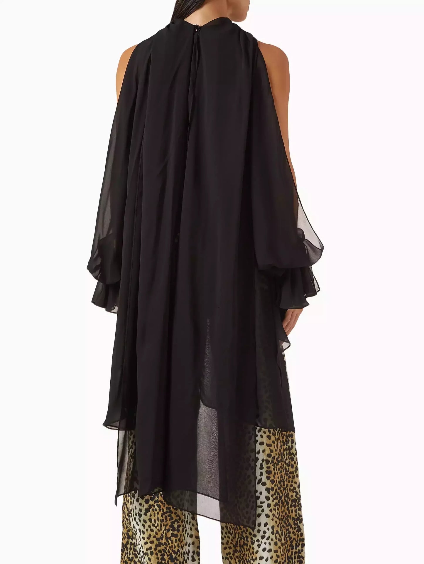 High-Neck Slit-Sleeve Blouse in Black - Tops