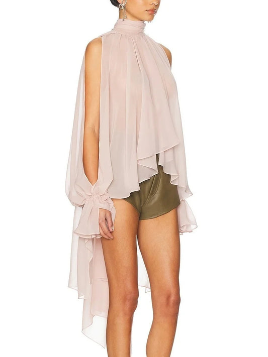 High-Neck Slit-Sleeve Blouse in Pink - Tops