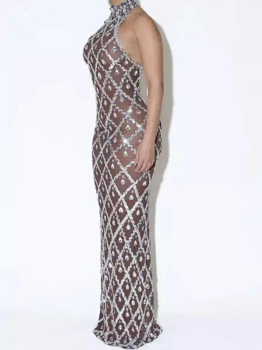 High-Neck Teardrop-Jewel-Embellished Sequin Mesh Long Gown - Dresses