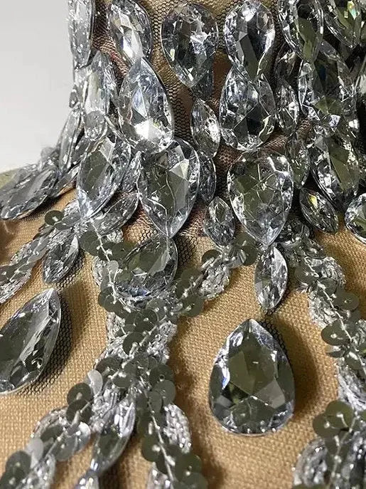 High-Neck Teardrop-Jewel-Embellished Sequin Mesh Long Gown - Dresses