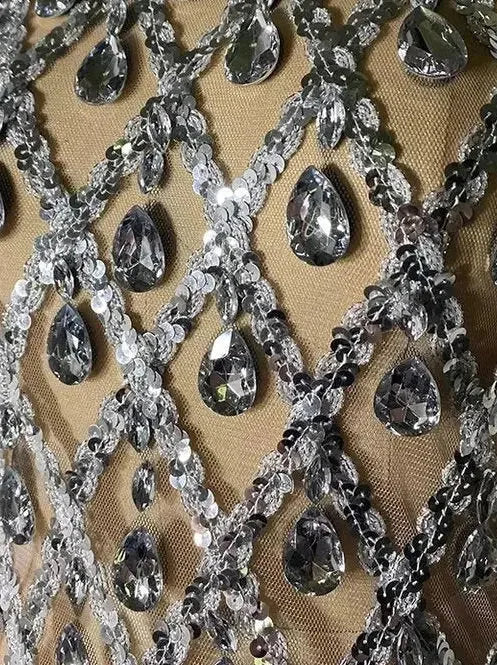 High-Neck Teardrop-Jewel-Embellished Sequin Mesh Long Gown - Dresses