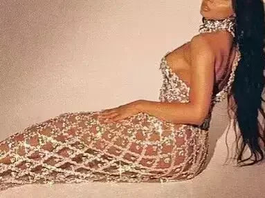 High-Neck Teardrop-Jewel-Embellished Sequin Mesh Long Gown - Dresses