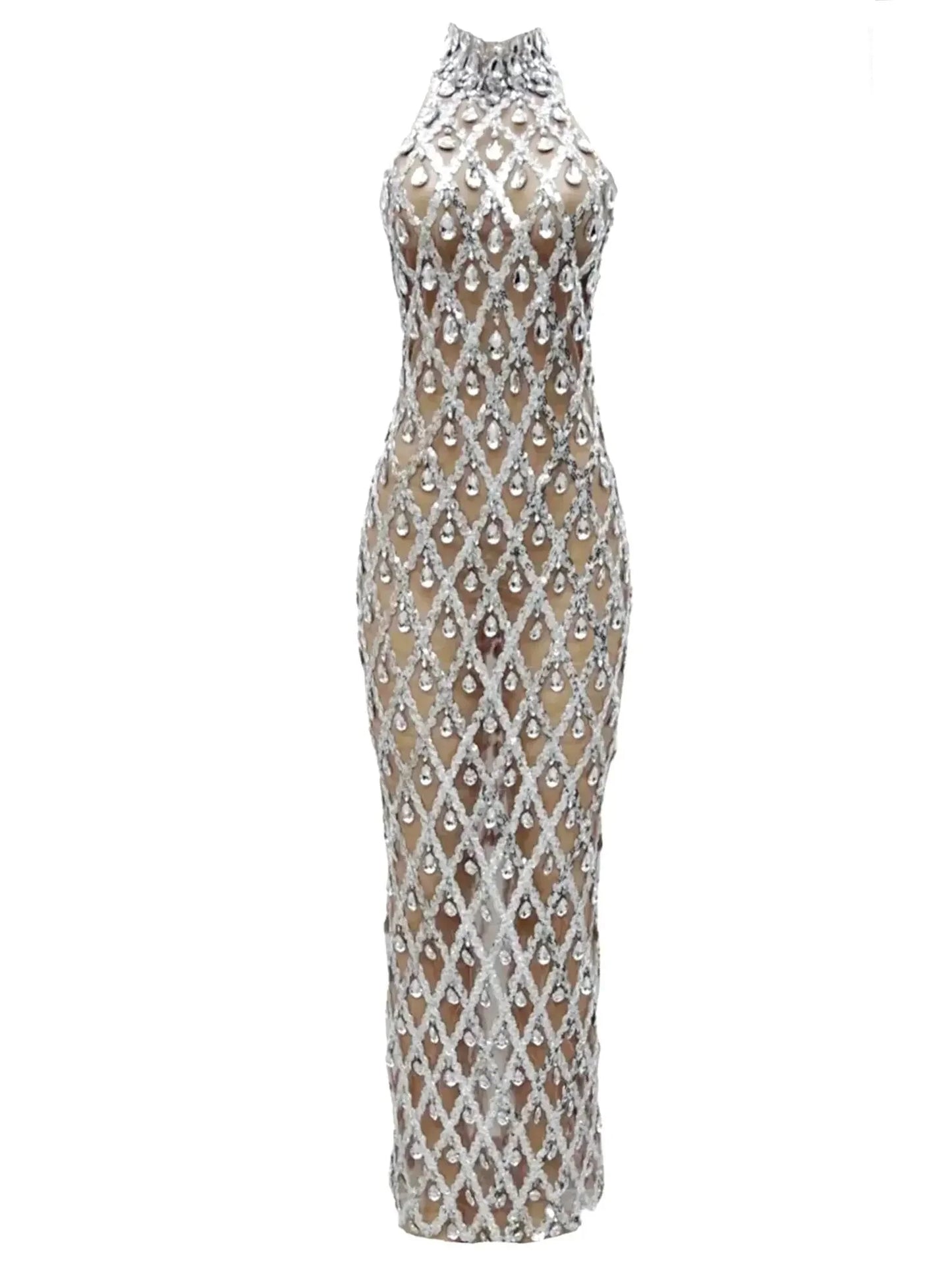 High-Neck Teardrop-Jewel-Embellished Sequin Mesh Long Gown - Dresses