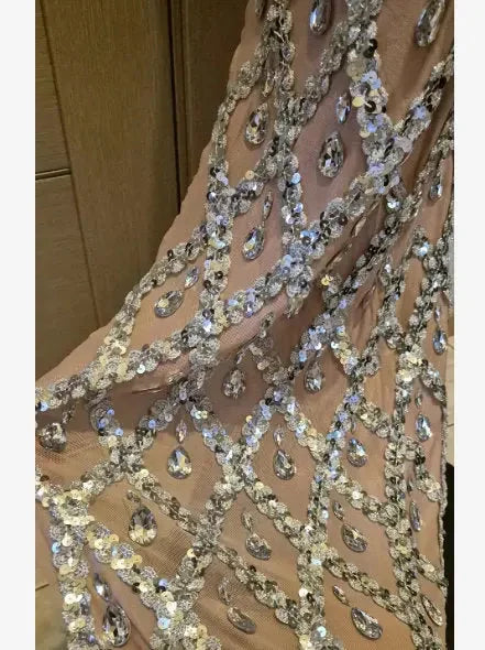 High-Neck Teardrop-Jewel-Embellished Sequin Mesh Long Gown - Dresses
