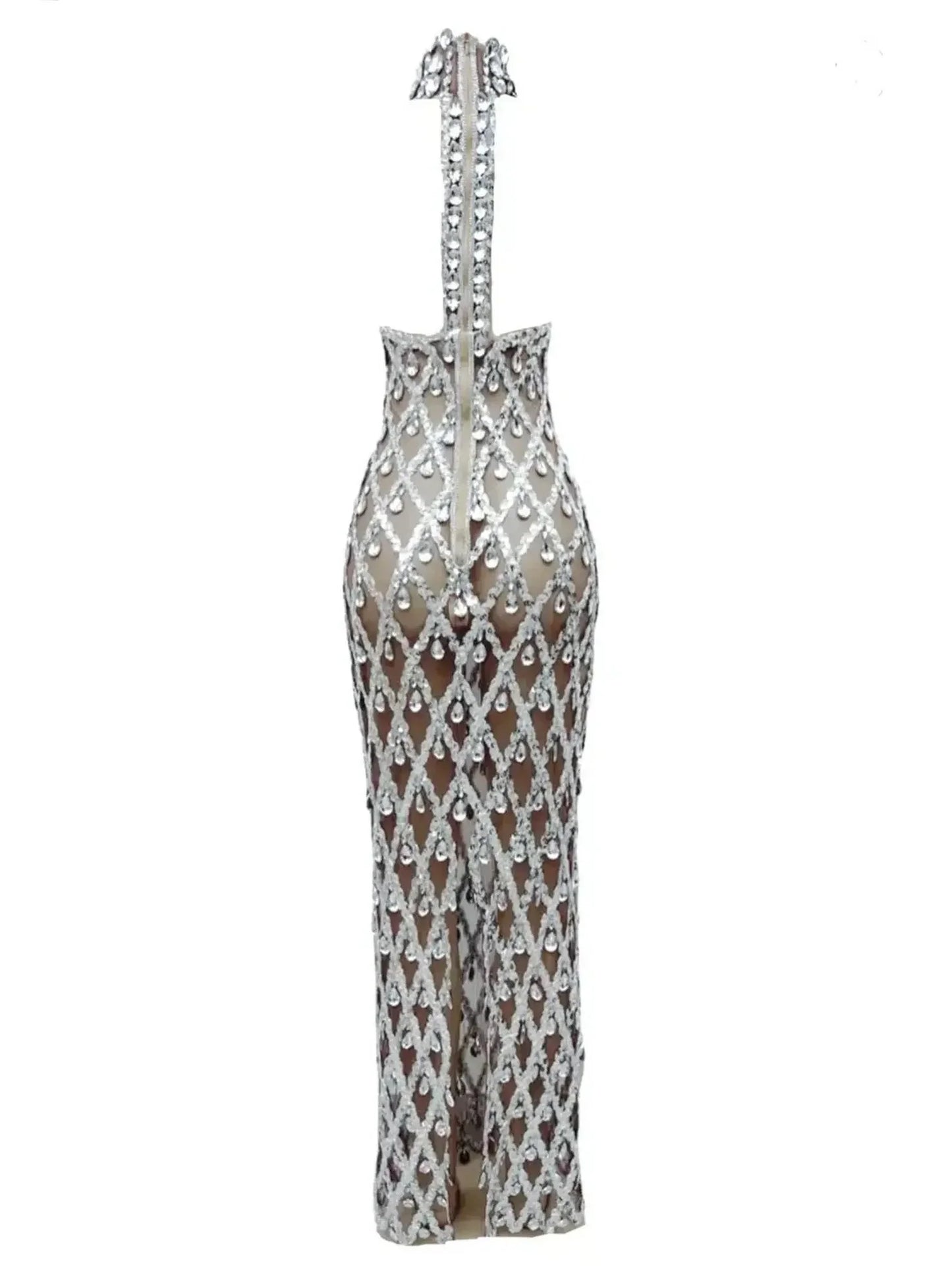 High-Neck Teardrop-Jewel-Embellished Sequin Mesh Long Gown - Dresses