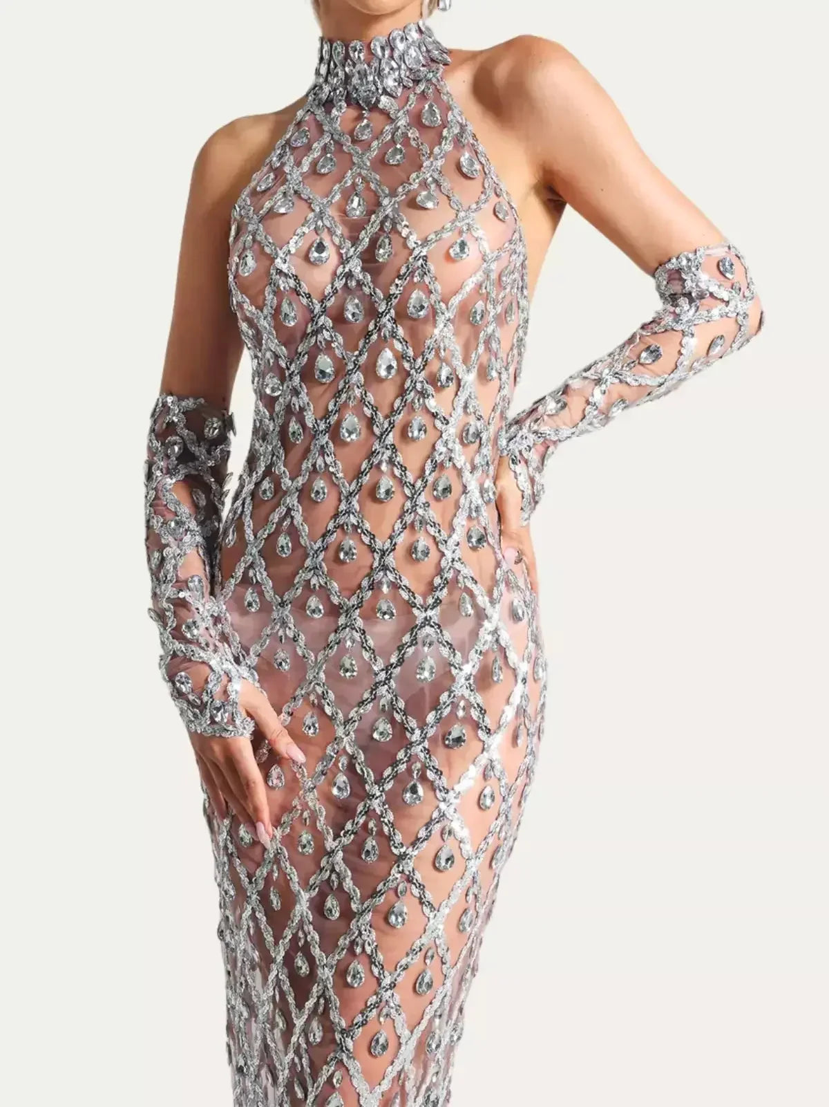 High-Neck Teardrop-Jewel-Embellished Sequin Mesh Long Gown - Dresses