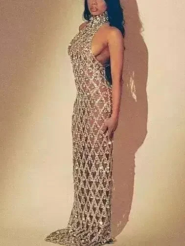 High-Neck Teardrop-Jewel-Embellished Sequin Mesh Long Gown - Dresses