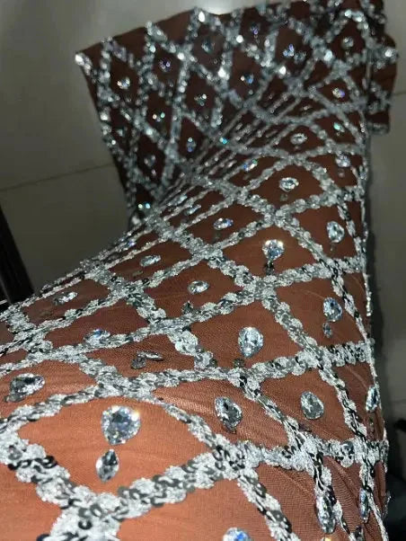 High-Neck Teardrop-Jewel-Embellished Sequin Mesh Long Gown - Dresses