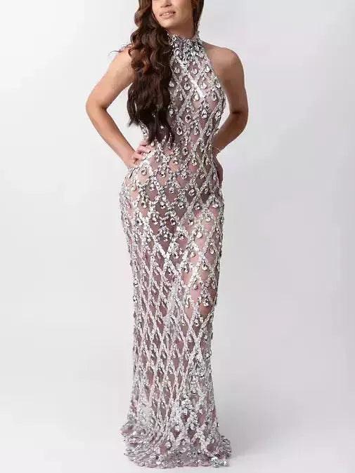 High-Neck Teardrop-Jewel-Embellished Sequin Mesh Long Gown - Dresses