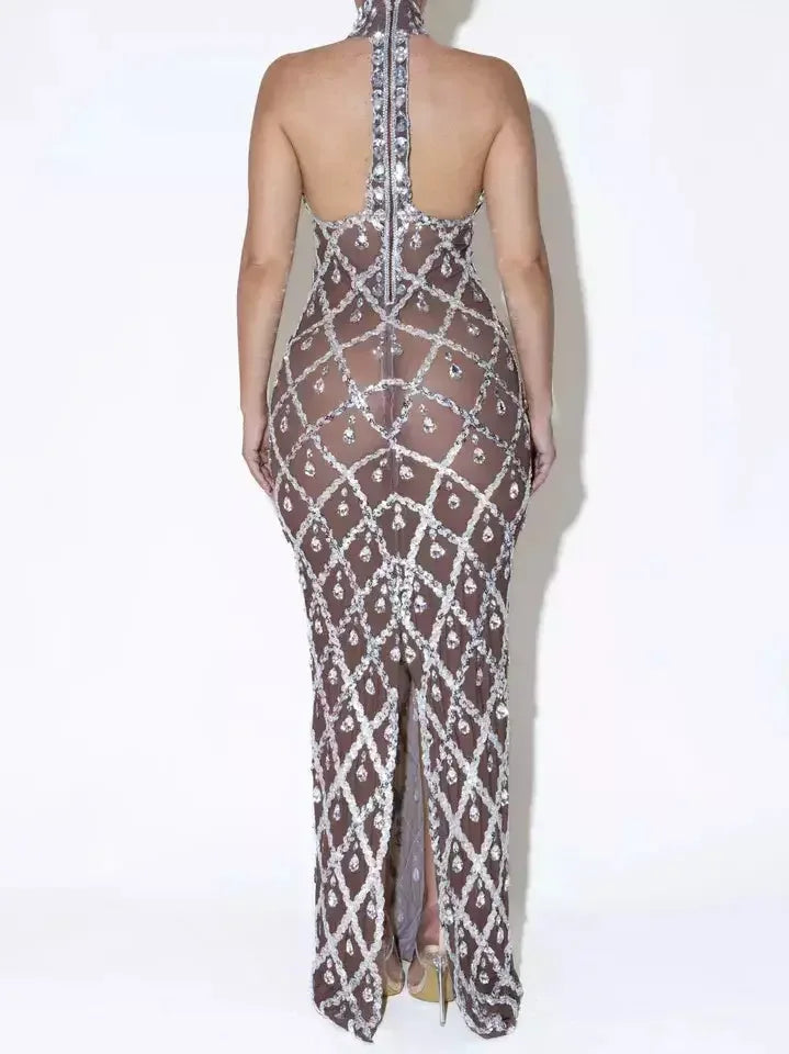 High-Neck Teardrop-Jewel-Embellished Sequin Mesh Long Gown - Dresses