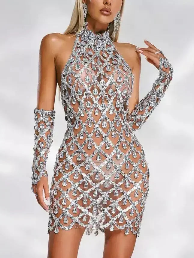 High-Neck Teardrop-Jewel-Embellished Sequin Mesh Mini Dress - Dresses