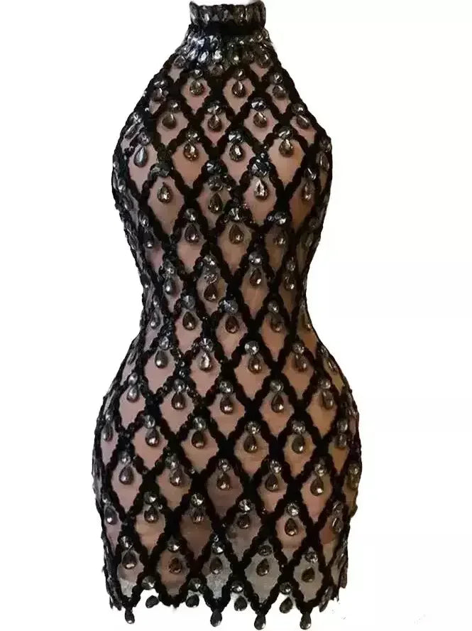 High-Neck Teardrop-Jewel-Embellished Sequin Mesh Mini Dress - Dresses