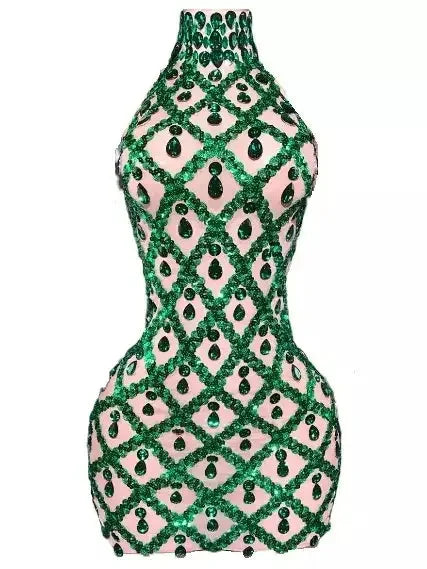 High-Neck Teardrop-Jewel-Embellished Sequin Mesh Mini Dress - Dresses