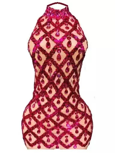 High-Neck Teardrop-Jewel-Embellished Sequin Mesh Mini Dress - Dresses