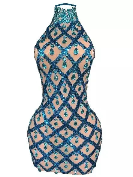 High-Neck Teardrop-Jewel-Embellished Sequin Mesh Mini Dress - Dresses