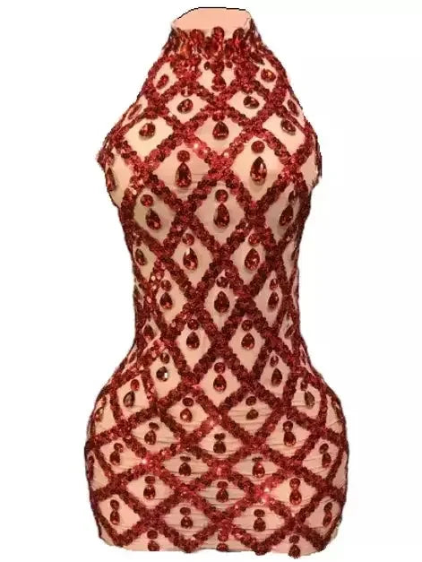 High-Neck Teardrop-Jewel-Embellished Sequin Mesh Mini Dress - Dresses