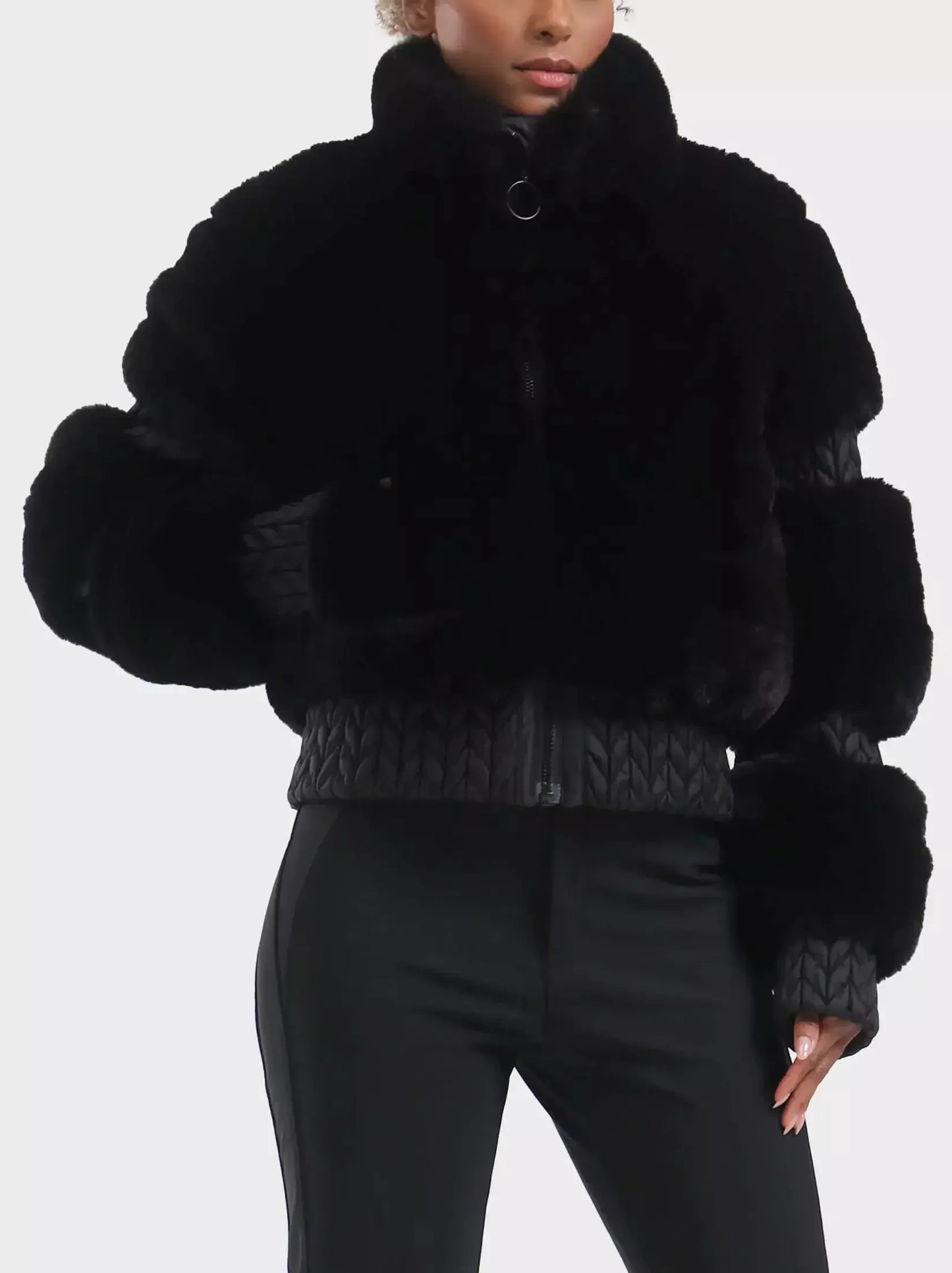 High-Pile Thick Fleece Paneled Ski Jacket in Black - Jackets