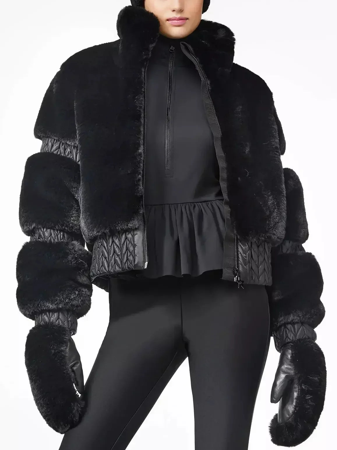 High-Pile Thick Fleece Paneled Ski Jacket in Black - Jackets