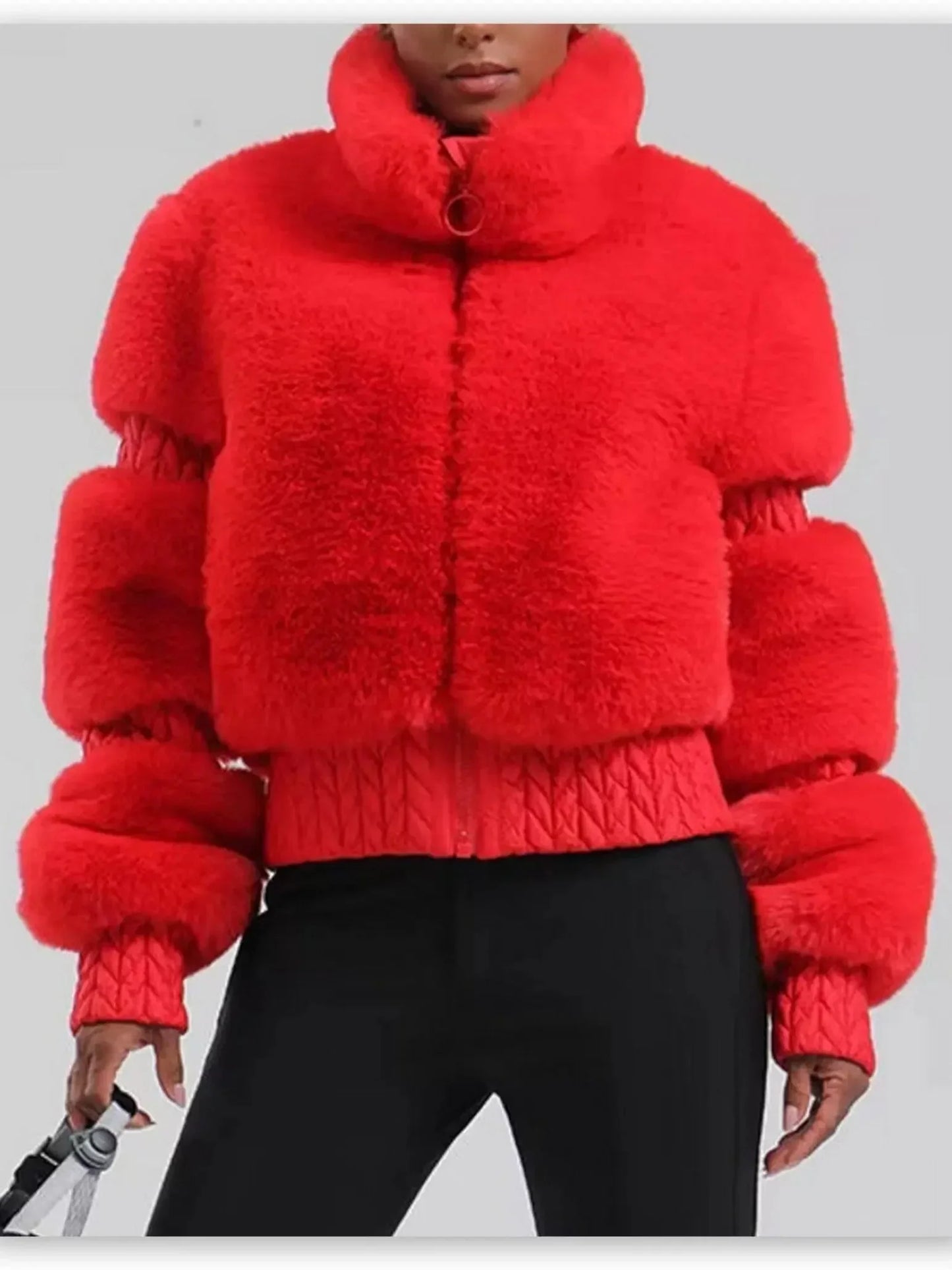 High-Pile Thick Fleece Paneled Ski Jacket in Bright Red - Jackets