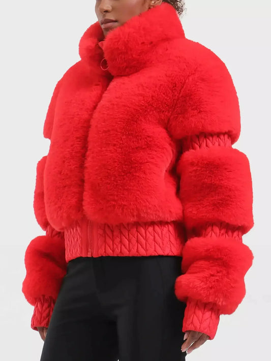 High-Pile Thick Fleece Paneled Ski Jacket in Bright Red - Jackets
