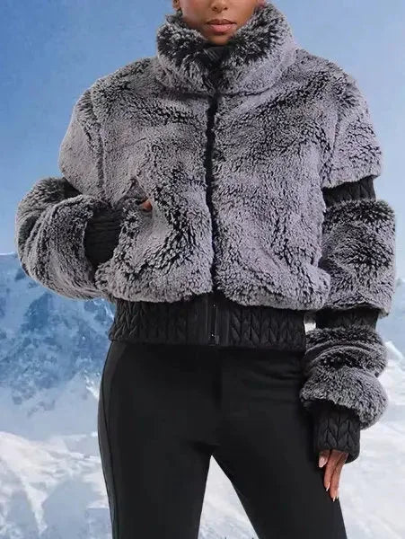 High-Pile Thick Fleece Paneled Ski Jacket in Grey - Jackets