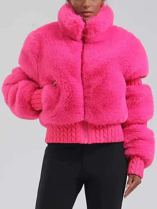High-Pile Thick Fleece Paneled Ski Jacket in Hot Pink - Jackets
