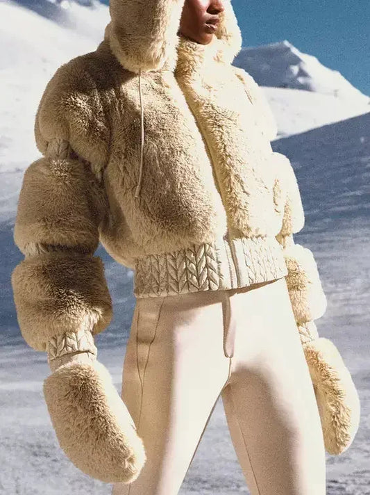 High-Pile Thick Fleece Paneled Ski Jacket in Khaki - Jackets