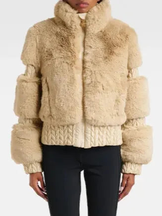 High-Pile Thick Fleece Paneled Ski Jacket in Khaki - Jackets