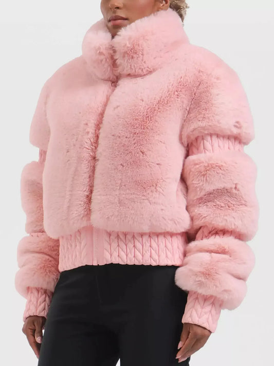High-Pile Thick Fleece Paneled Ski Jacket in Pink - Jackets