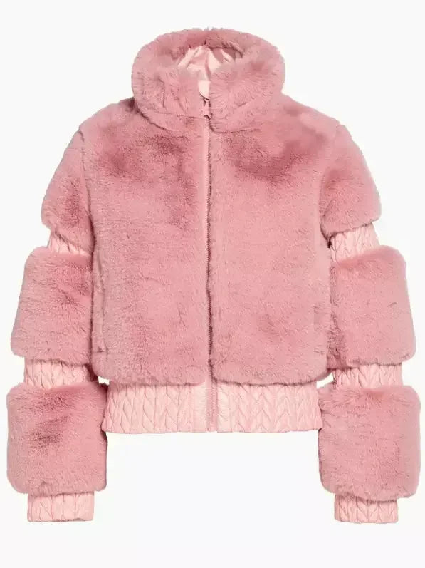 High-Pile Thick Fleece Paneled Ski Jacket in Pink - Jackets
