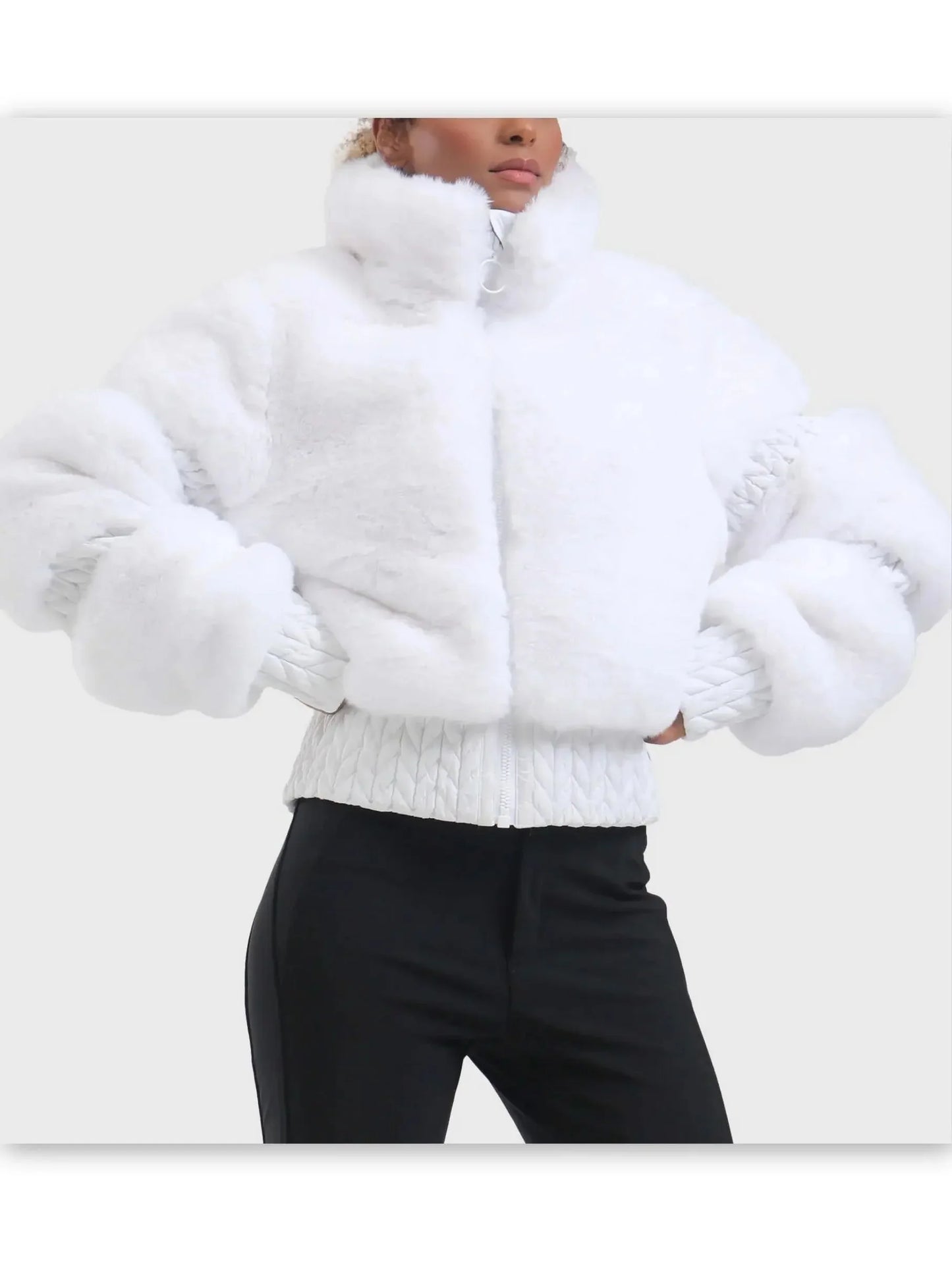 High-Pile Thick Fleece Paneled Ski Jacket in White - Jackets