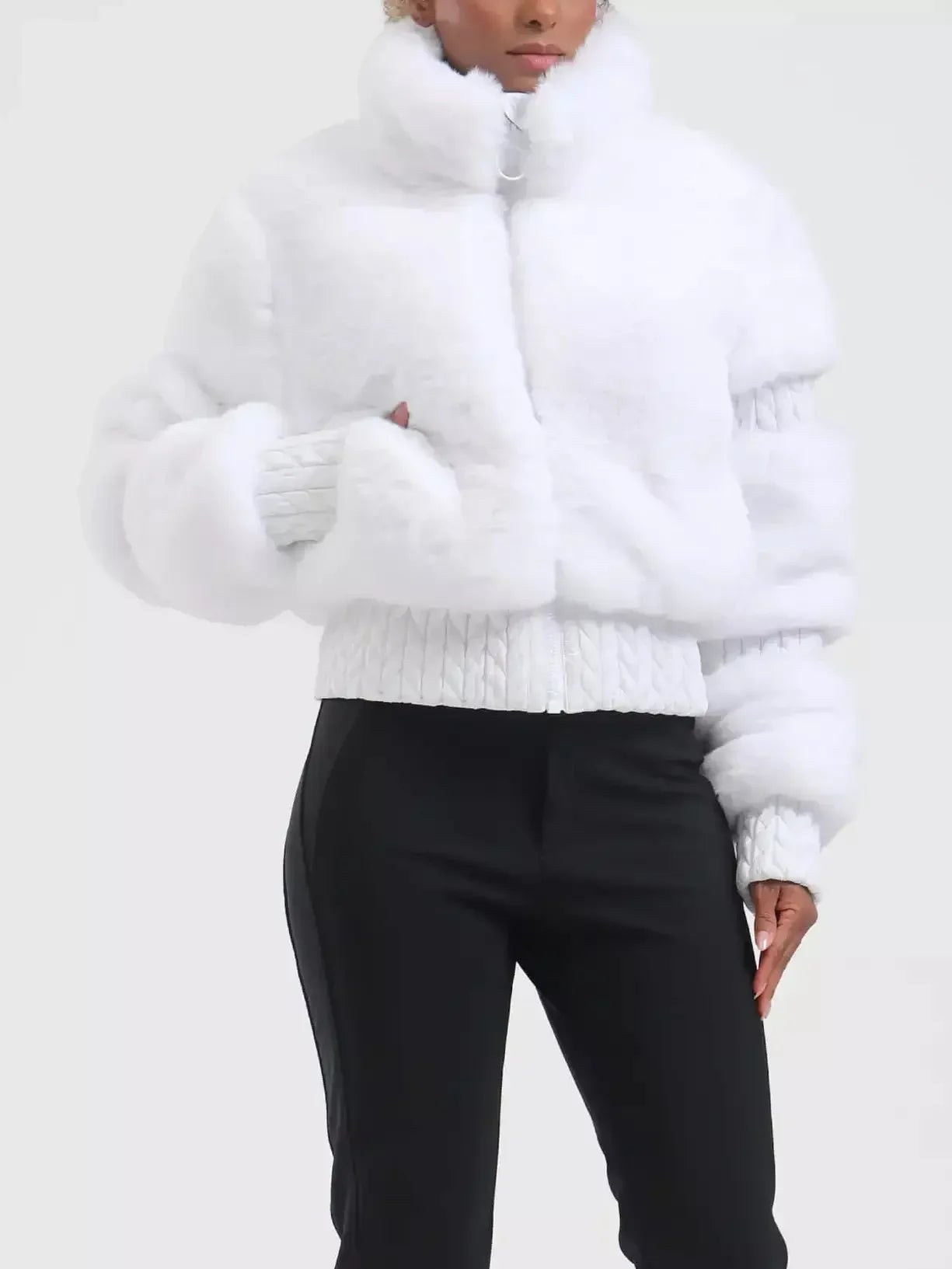 High-Pile Thick Fleece Paneled Ski Jacket in White - Jackets