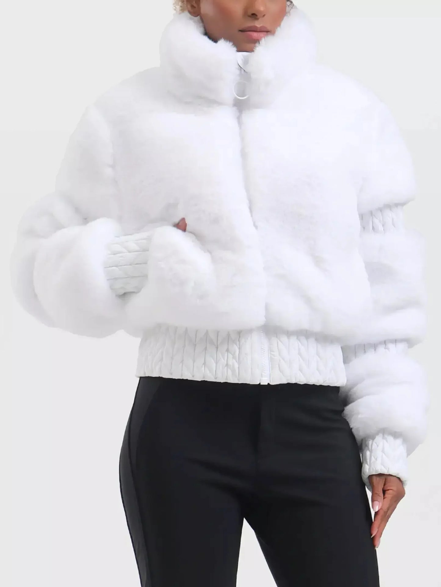 High-Pile Thick Fleece Paneled Ski Jacket in White - Jackets