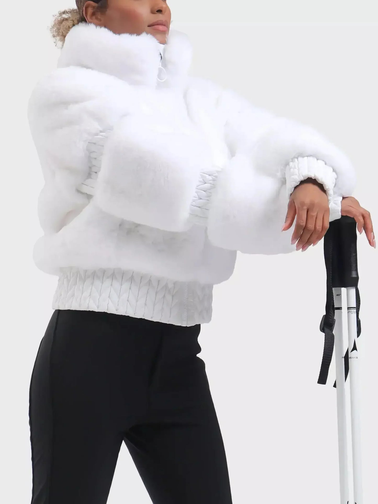 High-Pile Thick Fleece Paneled Ski Jacket in White - Jackets