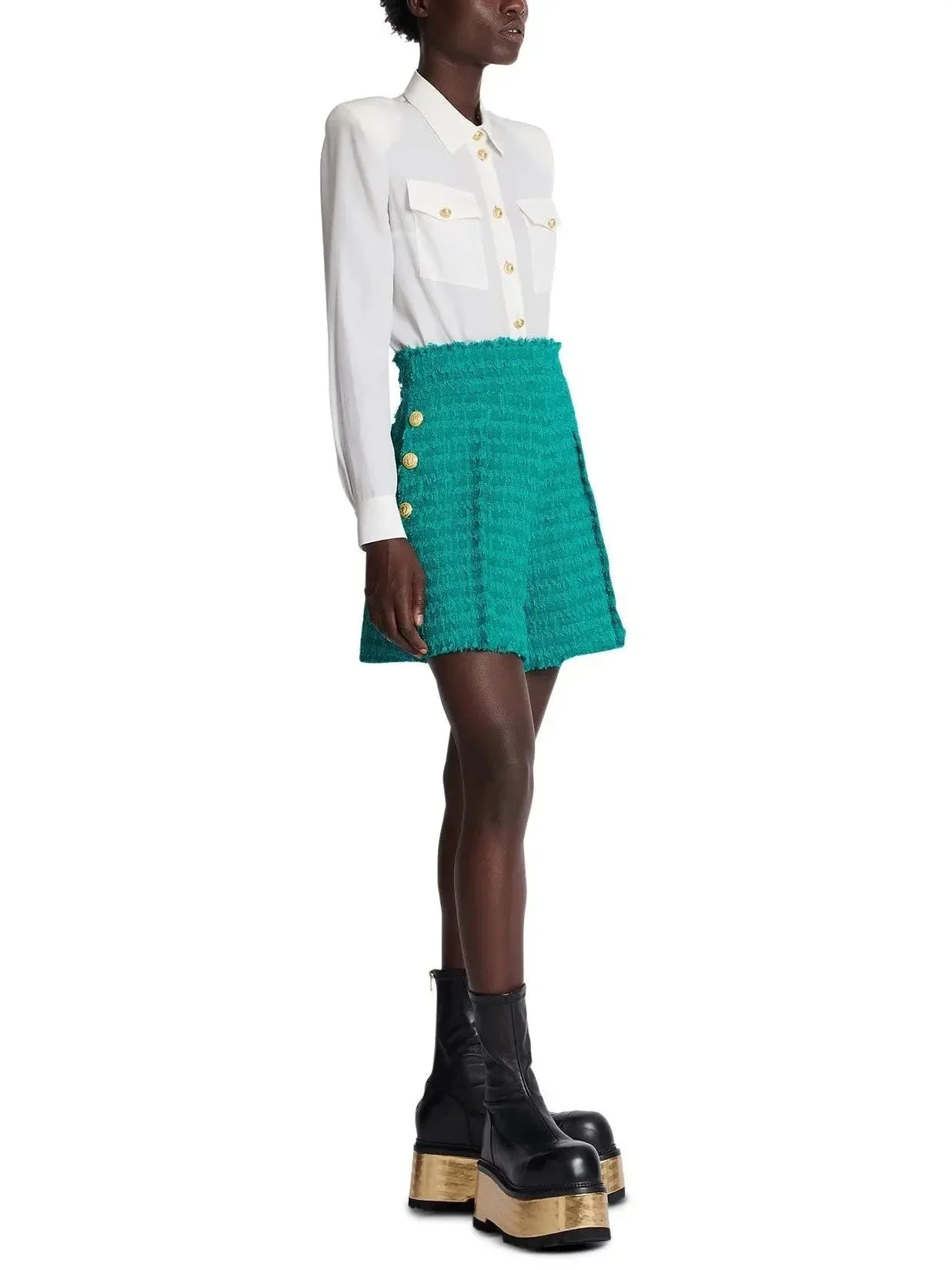 High-Rise Green Tweed Shorts - Jeans & Pants