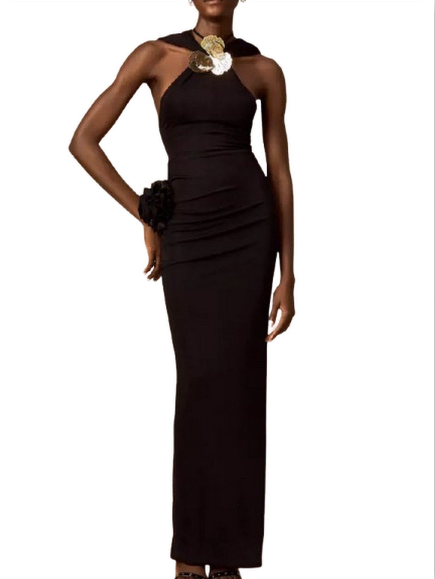 Hooded Black Appliqued Maxi Dress - Dresses