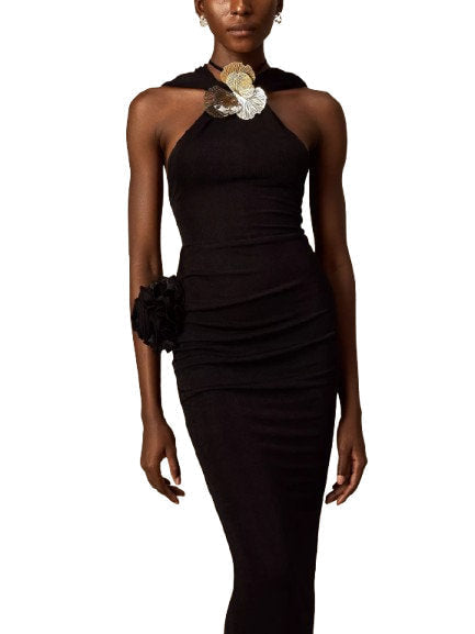 Hooded Black Appliqued Maxi Dress - Dresses