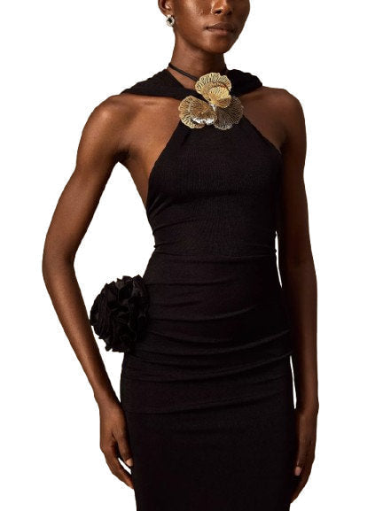 Hooded Black Appliqued Maxi Dress - Dresses