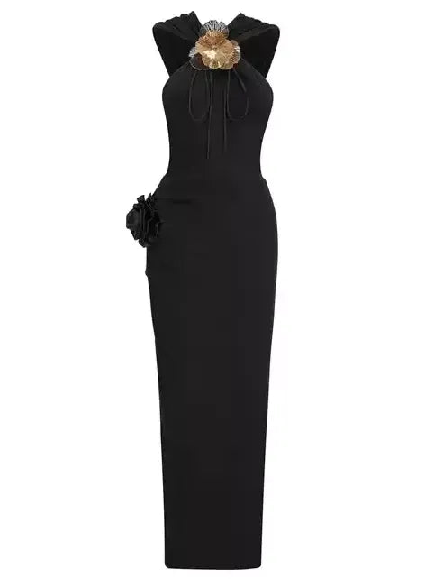 Hooded Black Appliqued Maxi Dress - Dresses
