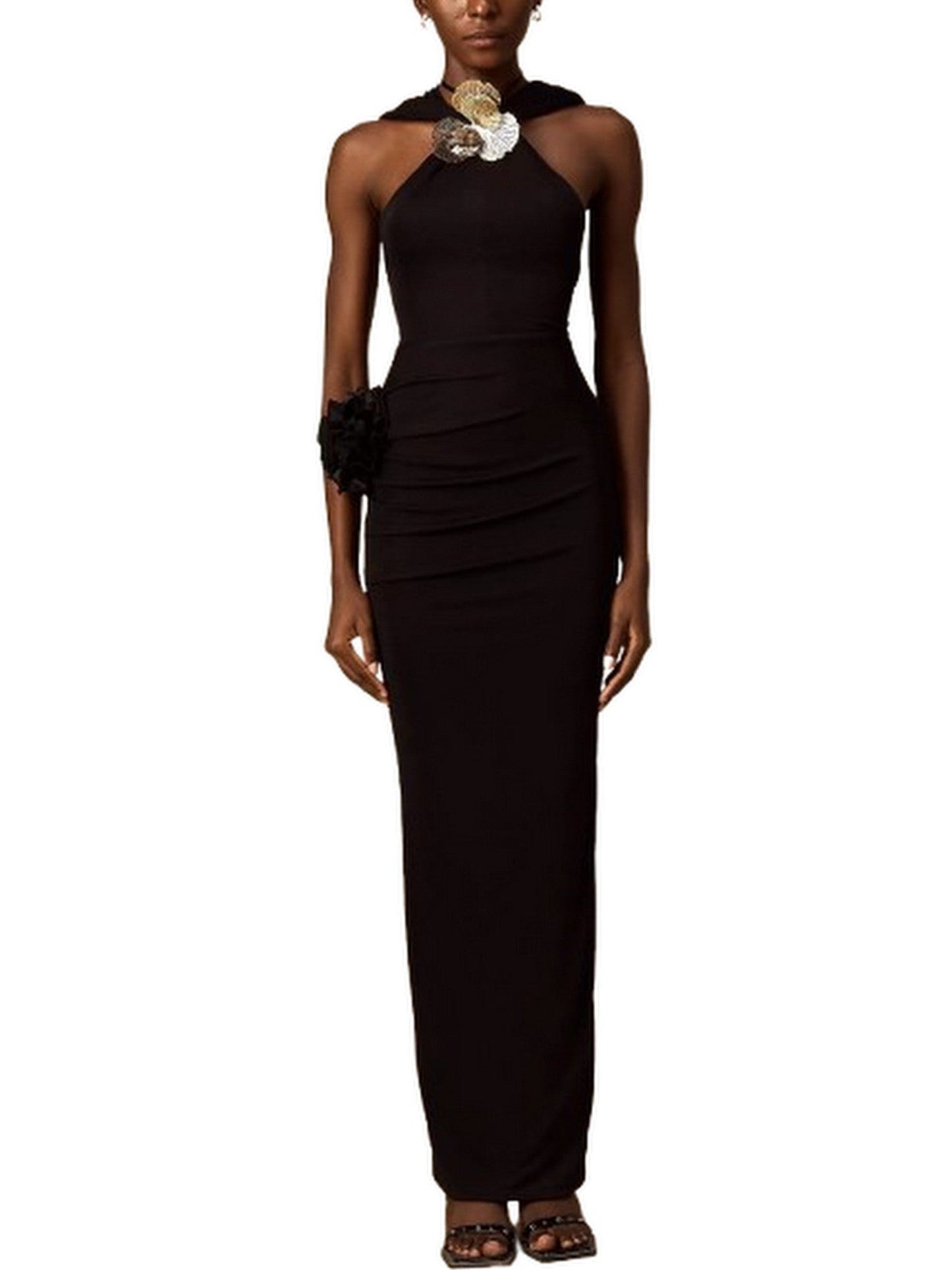 Hooded Black Appliqued Maxi Dress - Dresses